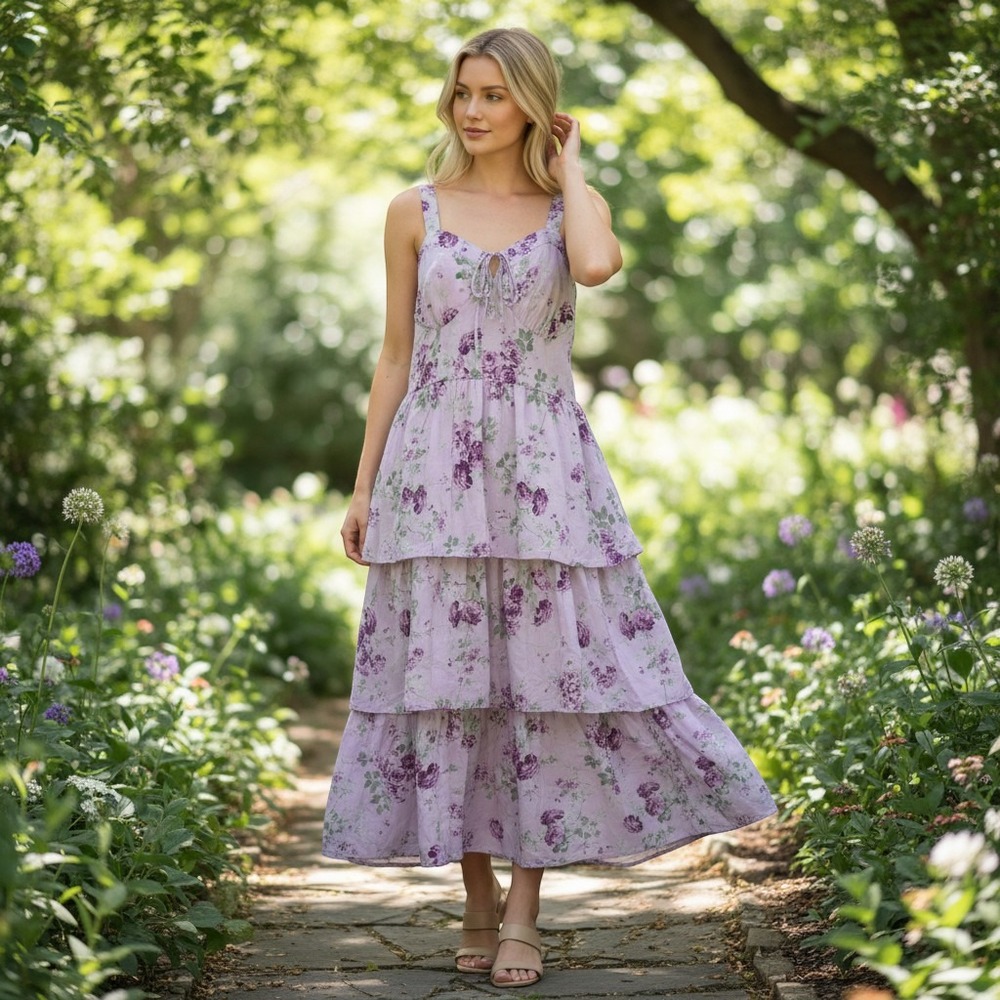 Scarlet Darkness Womens 12 Maxi Dress Purple Floral Tiered Cottagecore Pockets